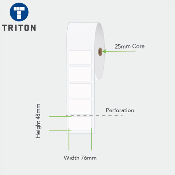 LA7648PP1AC25MM - LA7648PP1AC25MM - 76 x 48 TT Paper Blank, 25mm Core, Perforation between each label, Permanent Adhesive, 1000/roll, Wound Out.